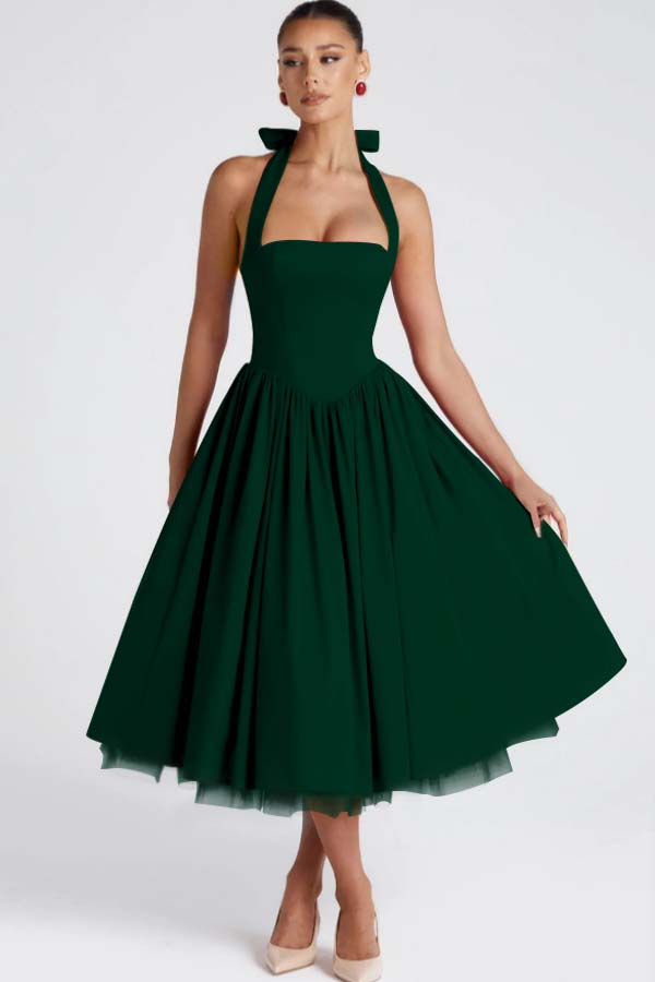 Halter Sleeveless Long A Line Prom Dress With Pleated Tulle BMBRIDE