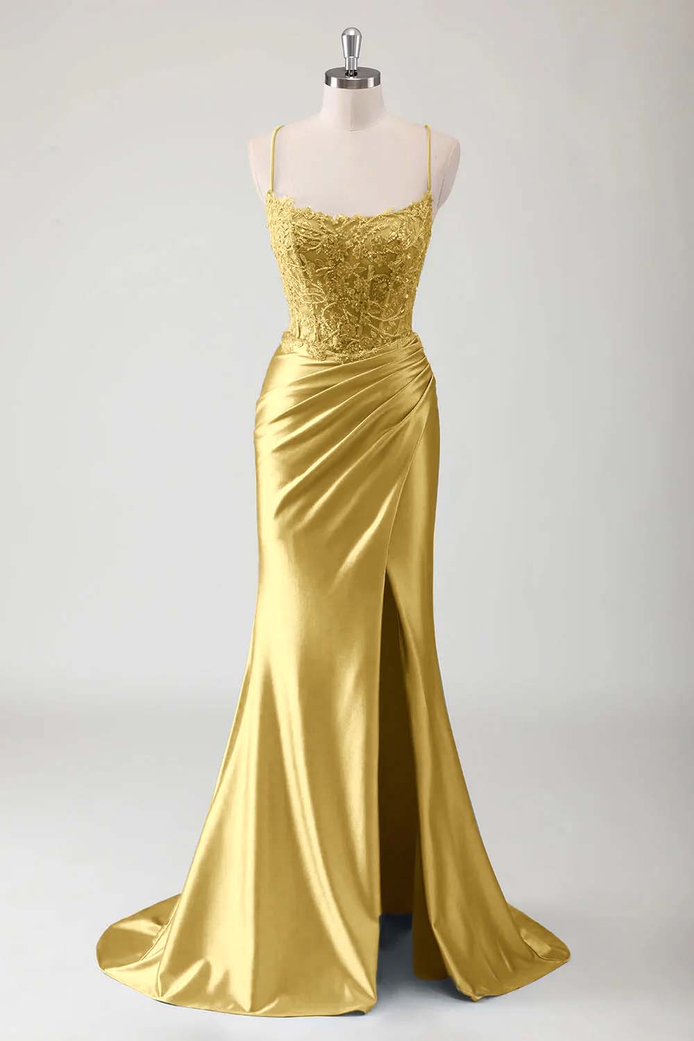 Spaghetti Strap Sleeveless Long High Split Prom Dress With Appliques BMBRIDE