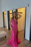 Charming Spaghetti Strap Sleeveless Long Split Prom Dress With Appliques