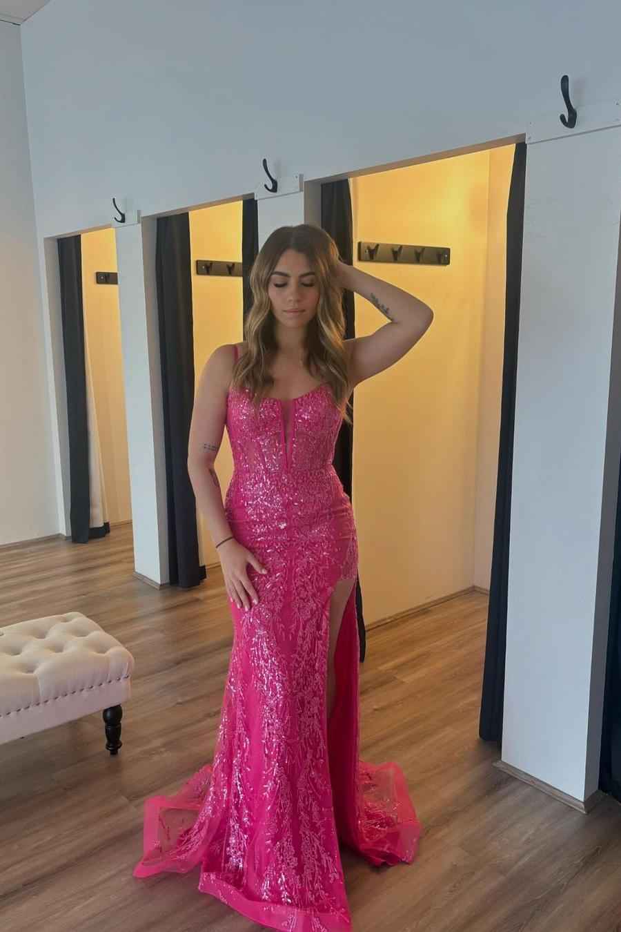 Charming Spaghetti Strap Sleeveless Long Split Prom Dress With Appliques