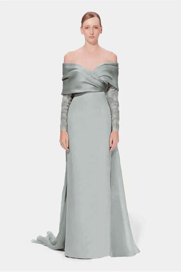 Off the Shoulder Long Sleeves Long Mermaid Prom Dress With Appliques BMBRIDE