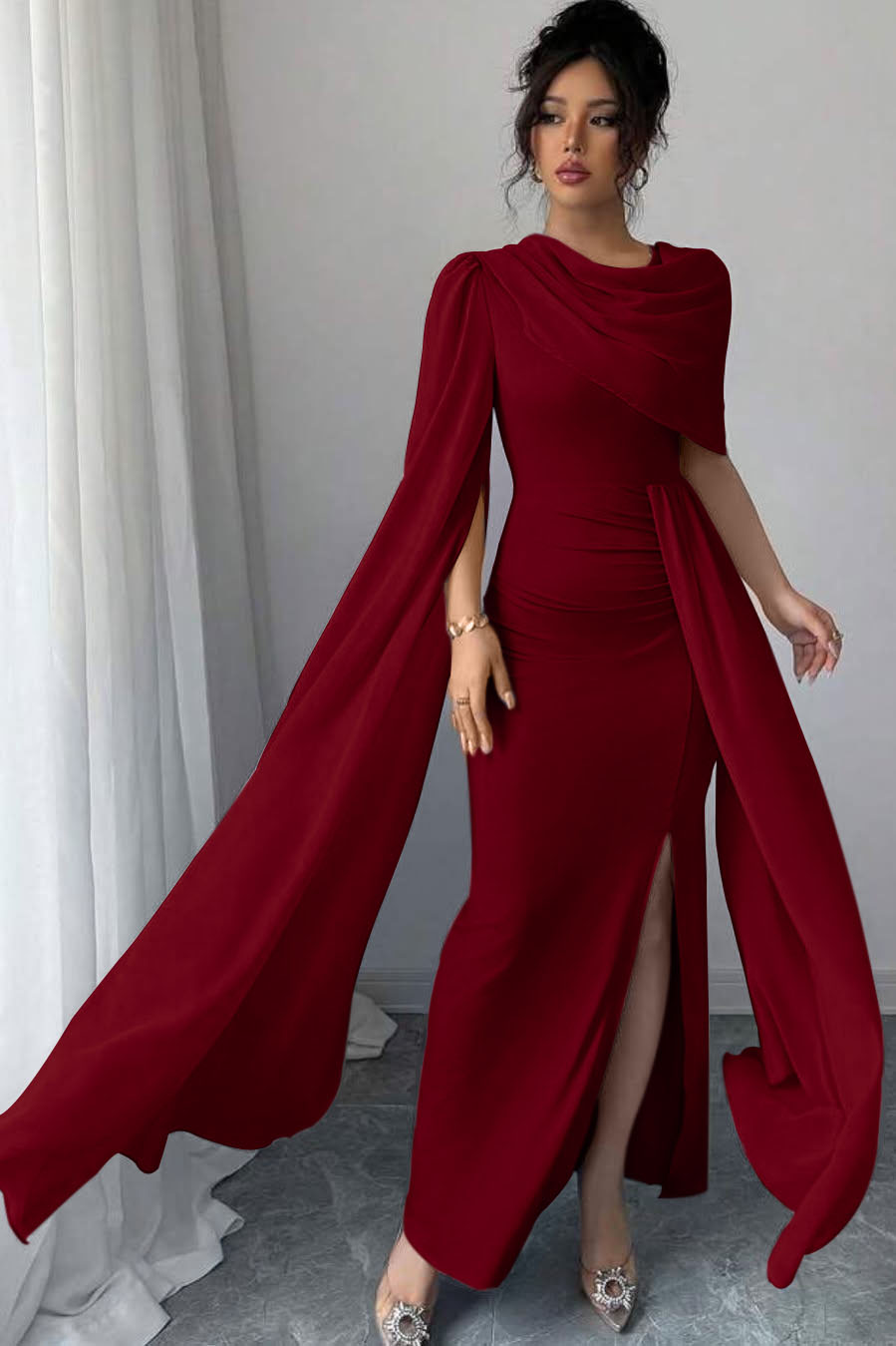 Sleeveless Jewel Neck Long Mermaid Prom Dress With Split Pleated