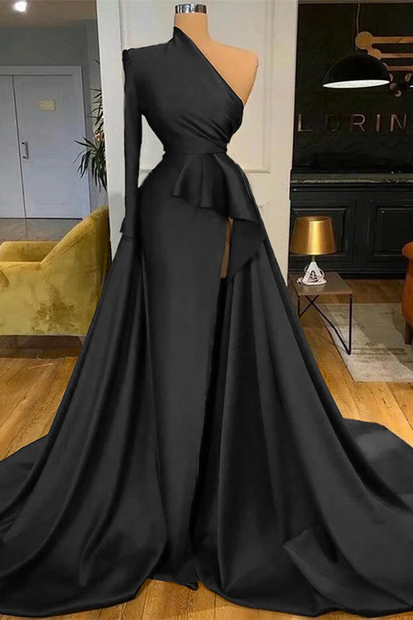Mermaid Long Sleeve One Shoulder Dark Blue Long Prom Dress With High Split