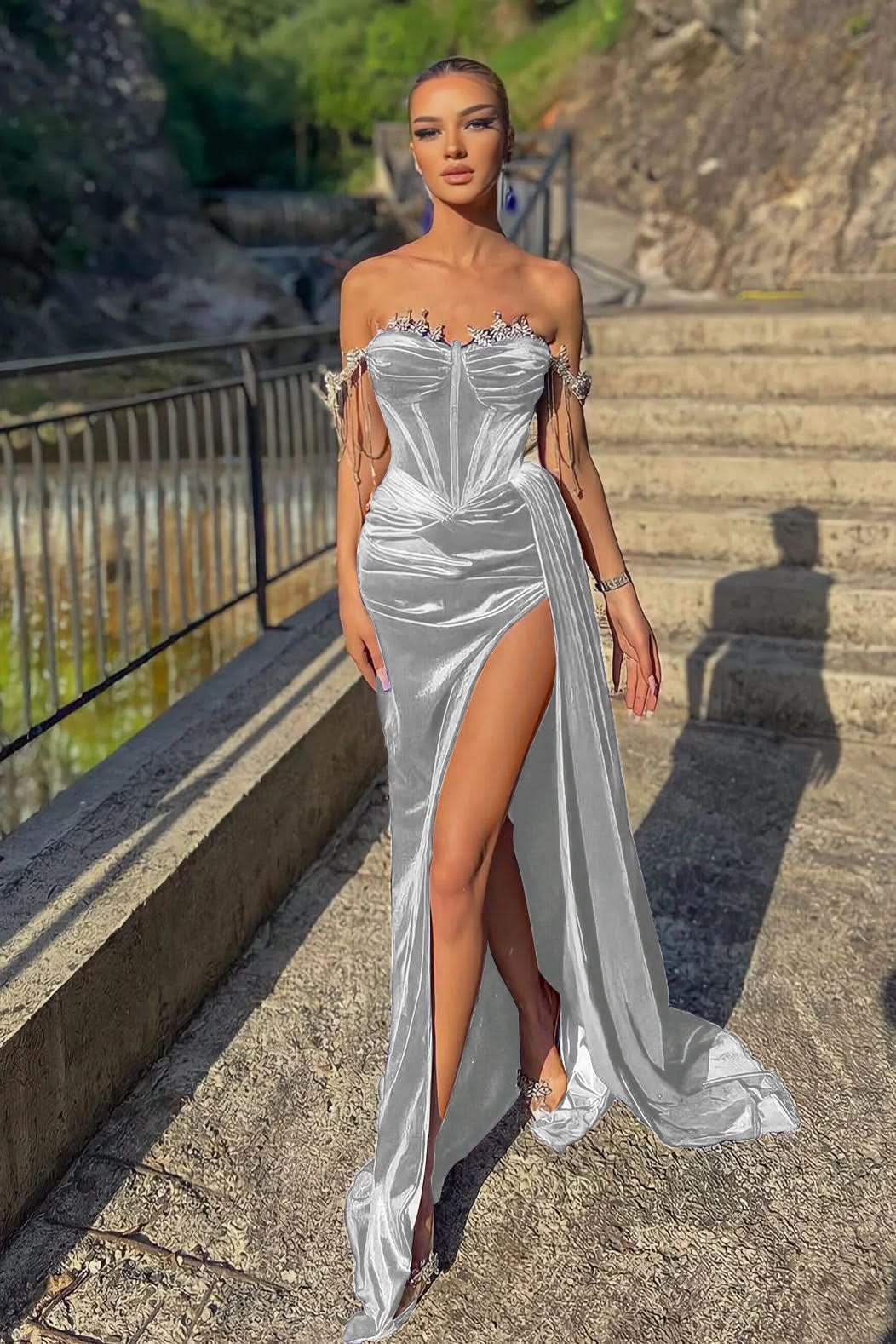 Velvet Off-the-Shoulder Beads Split Mermaid Prom Dress with Ruffles BM bride