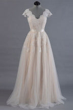 Short Sleeve Lace Long Wedding Dress BM bride