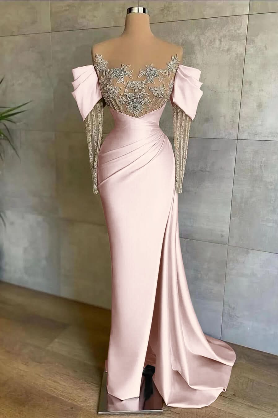 Pink Off-The-Shoulder Front Split Mermaid Prom Dress with Beadings and Appliques BM bride