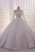 High Neck Long Sleeve Ball Gown Wedding Dress with Lace Ruffles BM bride