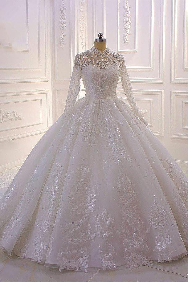 High Neck Long Sleeve Ball Gown Wedding Dress with Lace Ruffles BM bride