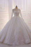 High Neck Long Sleeve Ball Gown Wedding Dress with Lace Ruffles BM bride