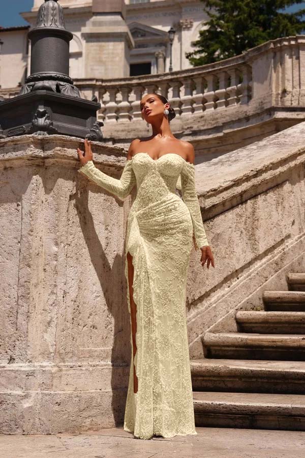 Off the Shoulder Long Sleeves Long Mermaid Prom Dress With Lace Appliques BMBRIDE