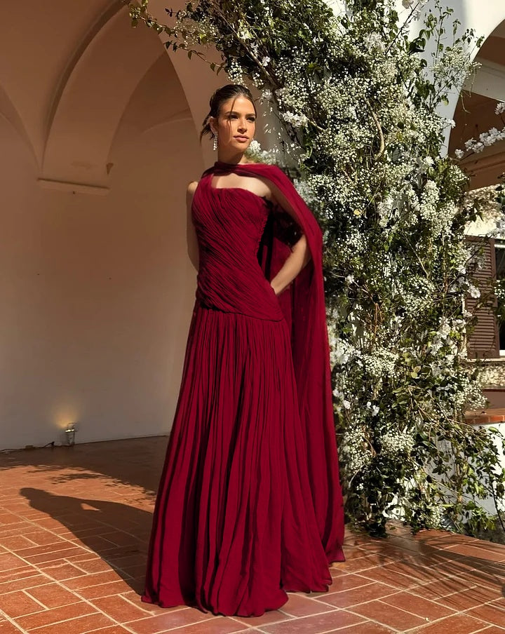 Chic One Shoulder Sleeveless Long Prom Dress With Pleated Shawl
