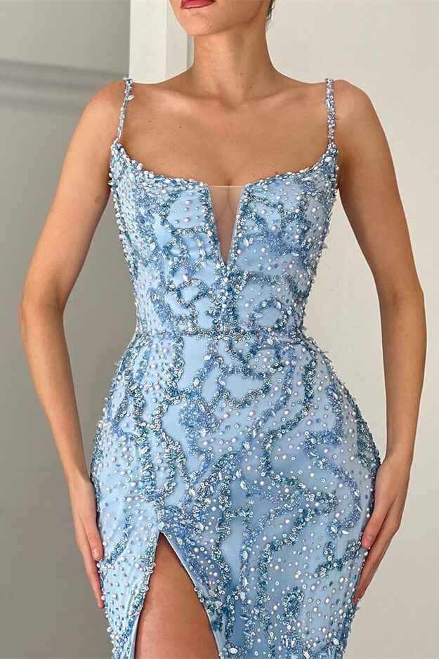 Shining Blue Spaghetti Strap Mermaid Prom Dress Split With Sequins