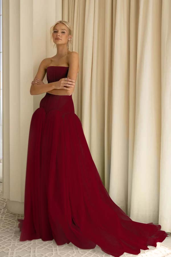 Charming Tulle Strapless Sleeveless Long Prom Dress With Pleated BMBRIDE
