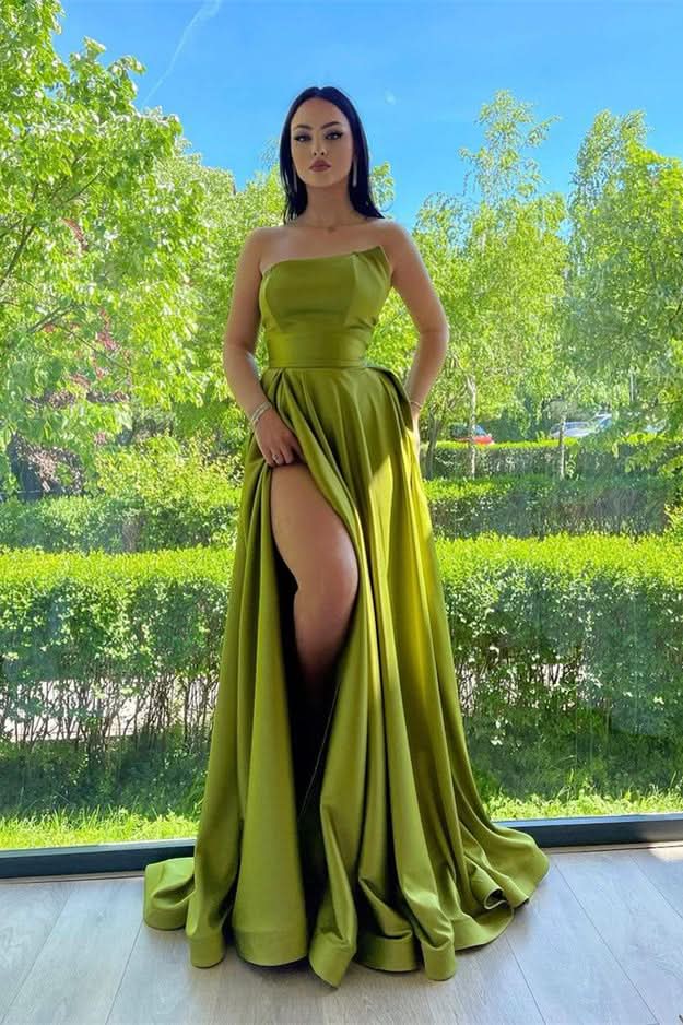 Elegant Green Strapless A-Line Prom Dress with Split BM bride