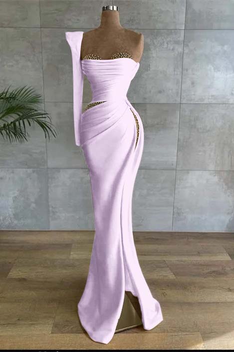One Shoulder Long Sleeve Long High Split Prom Dress With Beading BMBRIDE