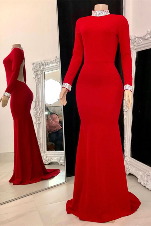 Simple Red Long Sleeve Open-Back Mermaid Prom Dress BM bride
