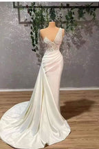 Ivory Elegant One-Shoulder Appliqued Mermaid Prom Dress with Ruffles BM bride