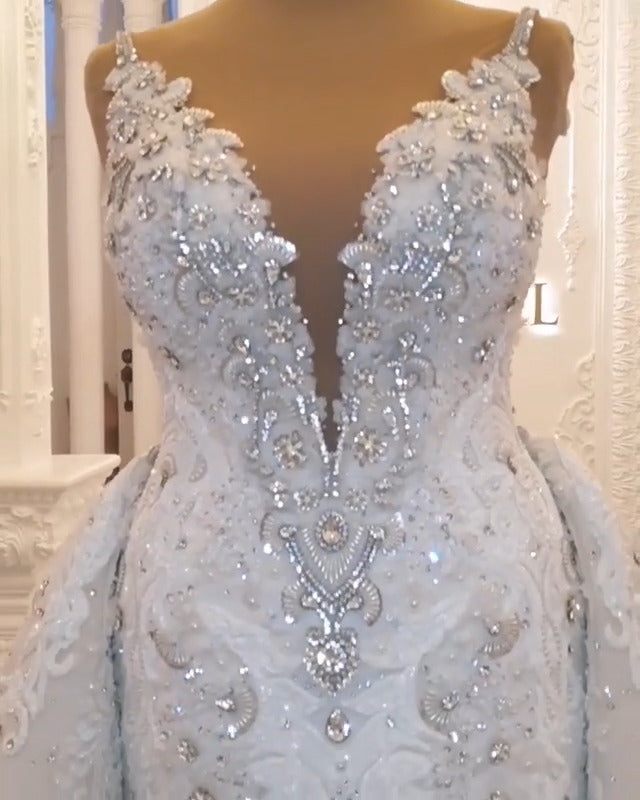 Spaghetti-Straps Sweetheart A-line Backless Wedding Dress With Appliques Lace BM bride