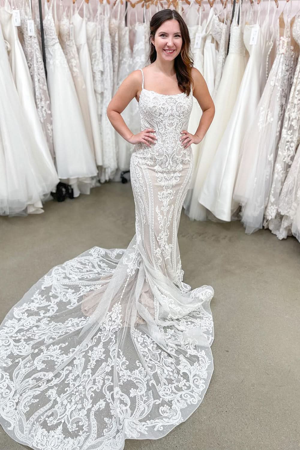 Beautiful Spaghetti Strap Backless Floor-Length Mermaid Wedding Dress with Lace Appliques BM bride