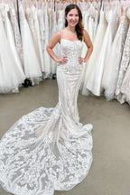 Beautiful Spaghetti Strap Backless Floor-Length Mermaid Wedding Dress with Lace Appliques BM bride