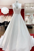 Long A-Line V-Neck Satin Open Back Wedding Dress with Ruffles BM bride