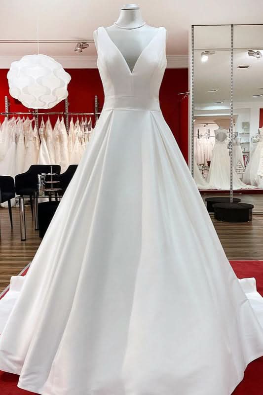Long A-Line V-Neck Satin Open Back Wedding Dress with Ruffles BM bride