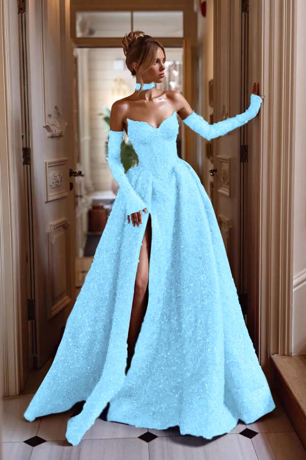 Strapless Sleeveless Long Split Prom Dress With Sequins Detachable sleeves