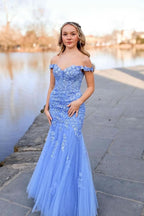 Beautiful Lavender Off-the-Shoulder Tulle Appliques Mermaid Long Prom Dress BM bride