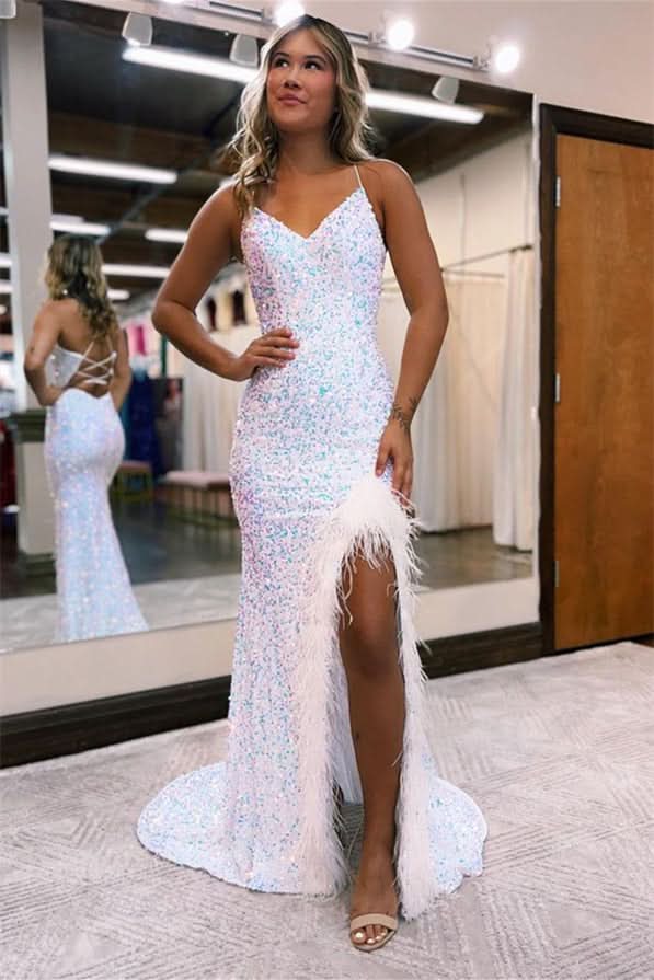 Elegant V Neck Evening Dress with Sequins Long Mermaid with Feather BM bride