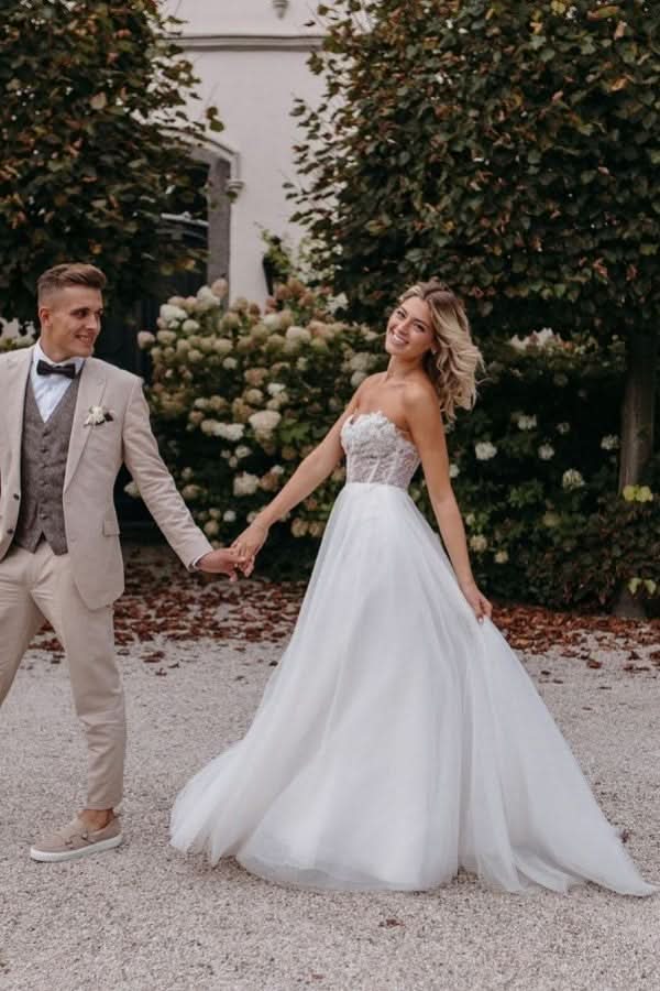 Gorgeous Long A-line Wedding Dress Sweetheart Front Slit With Lace Tulle BM bride