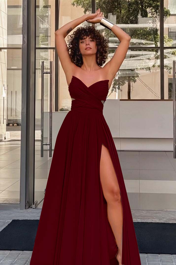 Strapless Sleeveless Long High Split Prom Dress With Pleated BMBRIDE