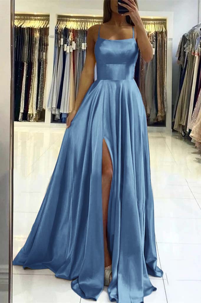Pink Spaghetti Strap Sleeveless Backless Long Prom Dress With Front Split BMBRIDE