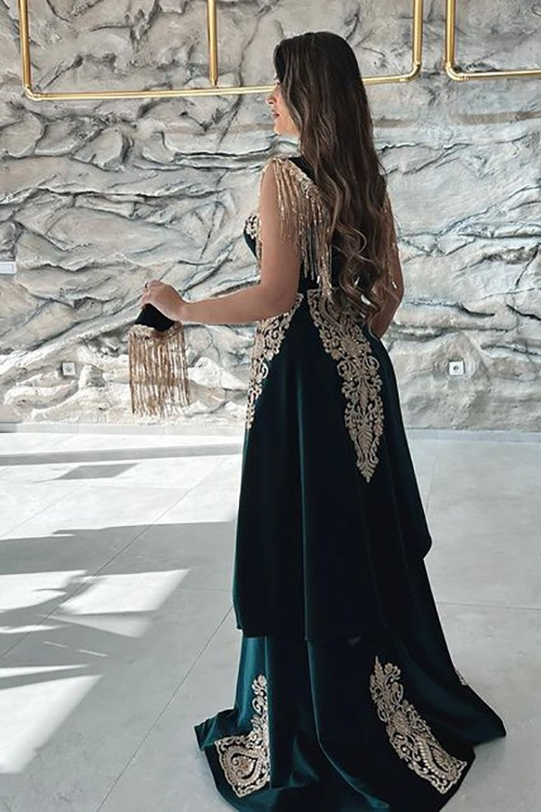 Dark Green Sleeveless V-Neck Applique Mermaid Evening Dress with Detachable Skirt BM bride