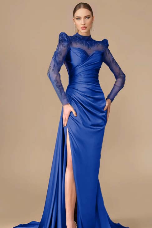 Long Sleeves Long Mermaid Prom Dress With Split Pleated Appliques BMBRIDE
