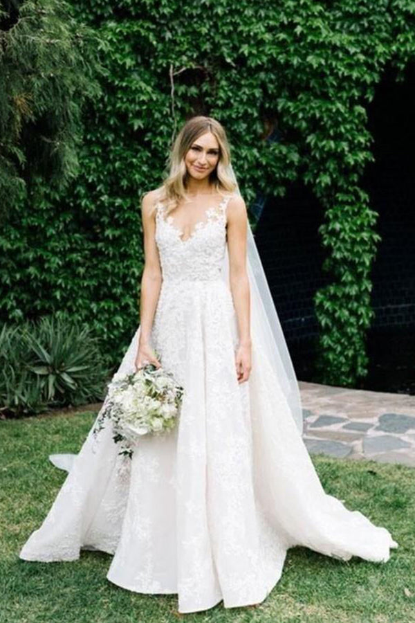 Strappy V-Neck A-Line Wedding Dress with Floral Beading BM bride