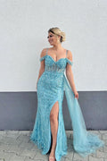 Blue Spaghetti-Straps Ruffled Mermaid Prom Dress with Split and Beadings BM bride
