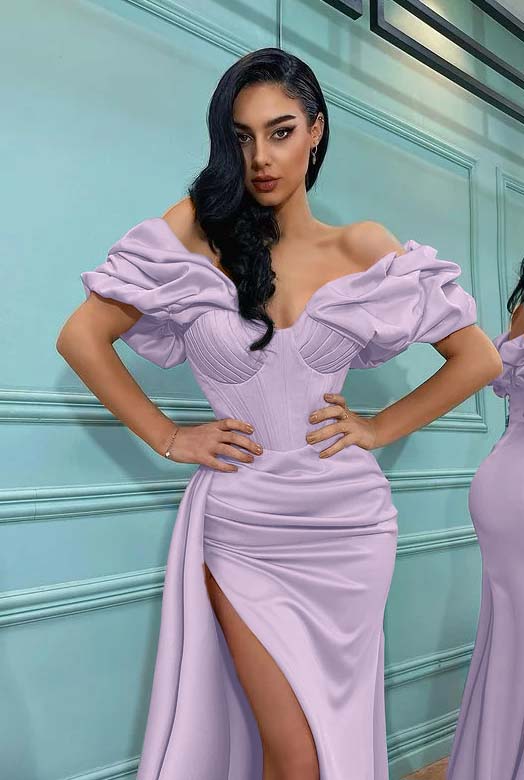Pink Mermaid Off the Shoulder Sweetheart High Split Prom Dress With Pleated BMBRIDE