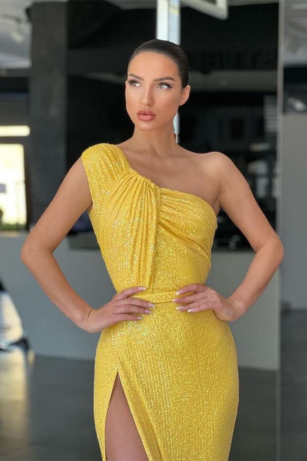 Yellow One-Shoulder Mermaid Evening Dress with Sequins and Split BM bride