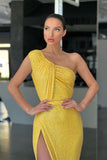 Yellow One-Shoulder Mermaid Evening Dress with Sequins and Split BM bride