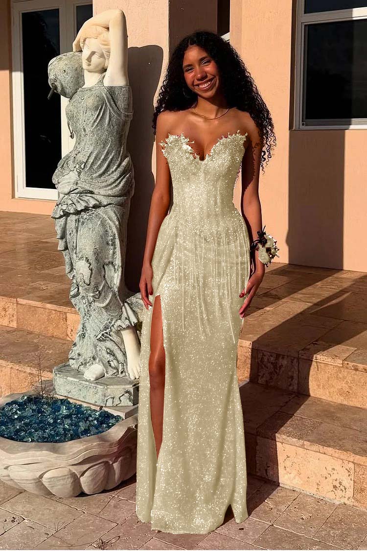 Red Strapless Sleeveless Long Mermaid Prom Dress With Sequins Split