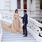 Long Sleeve Bateau Detachable Tulle Wedding Dress BM bride
