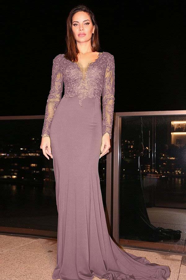 Long Sleeves Long Mermaid Prom Dress With Pleated Appliques BMBRIDE