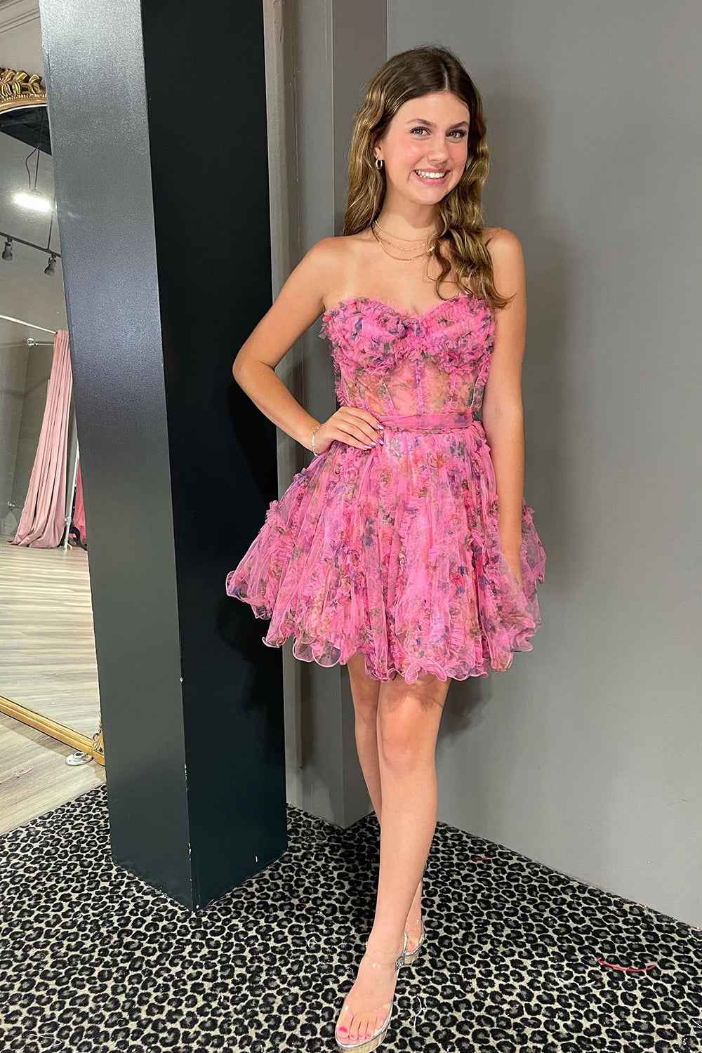 A-Line White Flower Sweetheart Corset Floral Homecoming Dress with Ruffles