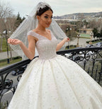 Sweetheart Off-the-Shoulder Backless Ball Gown Wedding Dress with Pearl Beading and Ruffles BM bride
