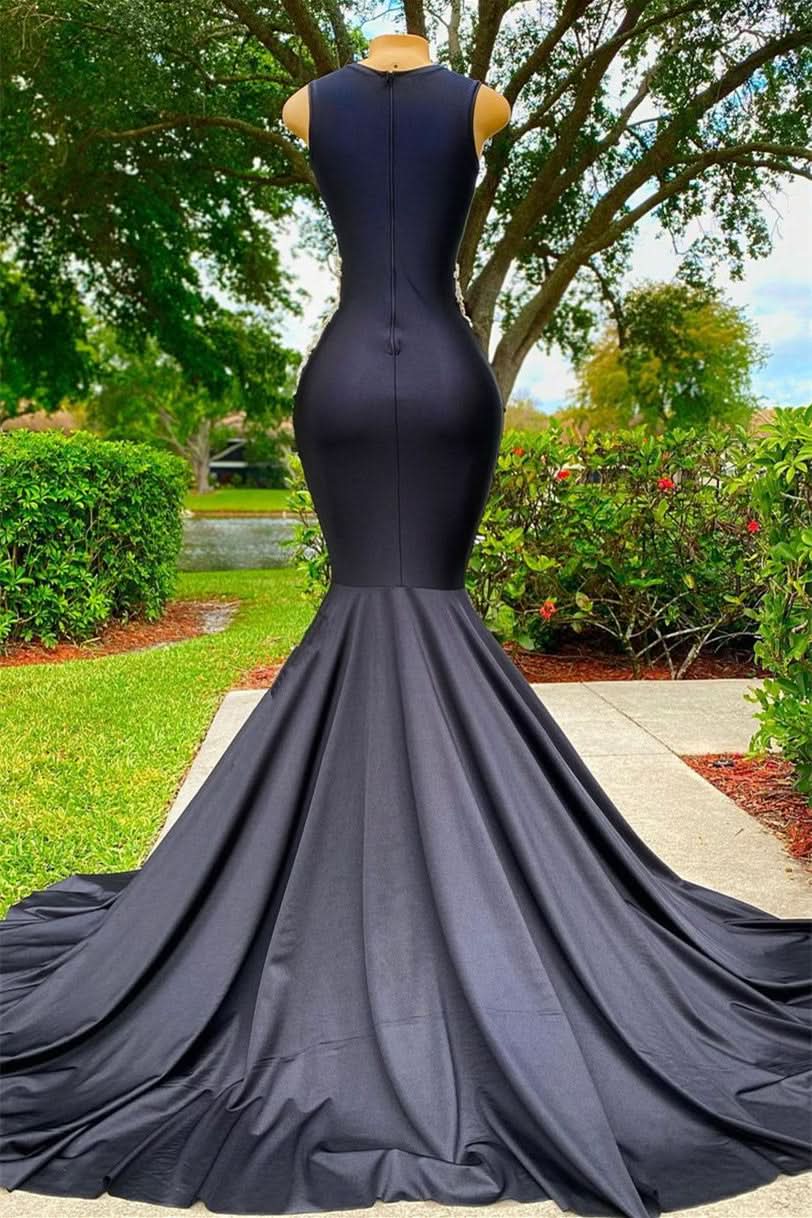 Classic Black Sleeveless Strapless Applique Mermaid Prom Dress BM bride