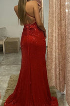 Red Spaghetti-Straps Sequined Evening Dress with Split BM bride