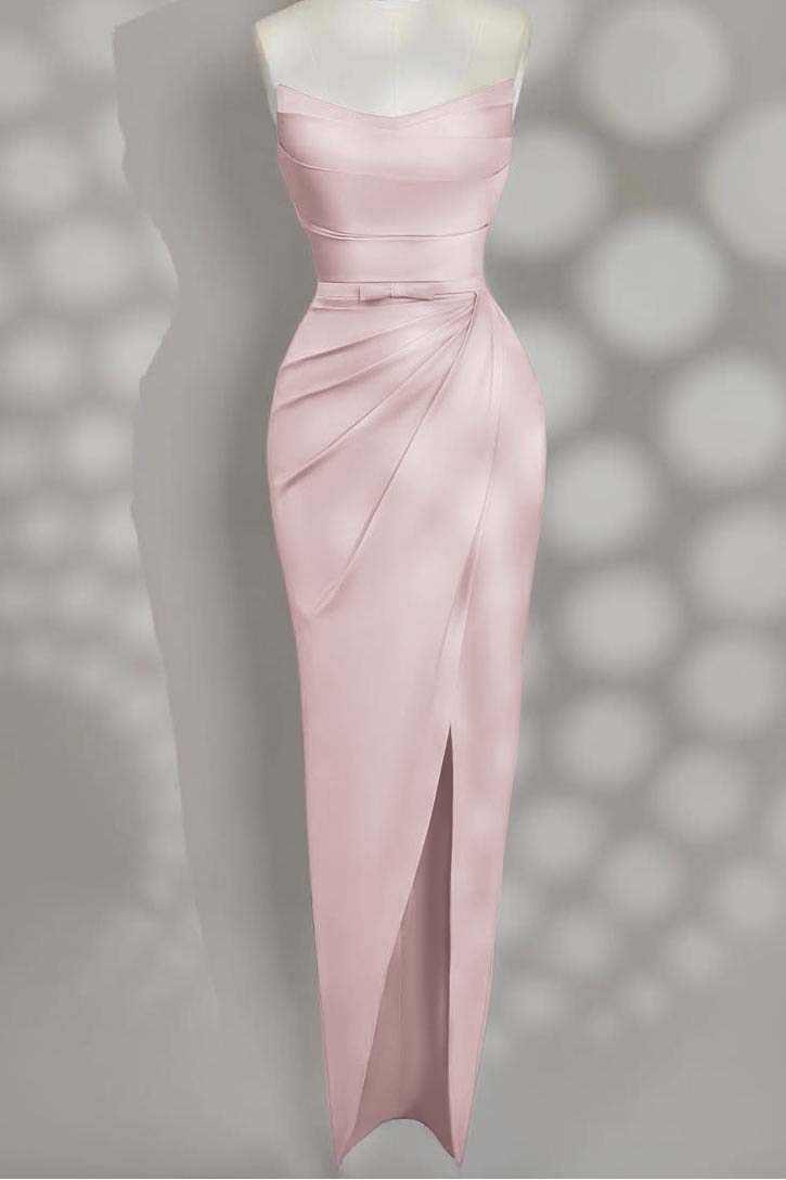Strapless Sleeveless Long Split Prom Dress With Pleated Bowknot BMBRIDE