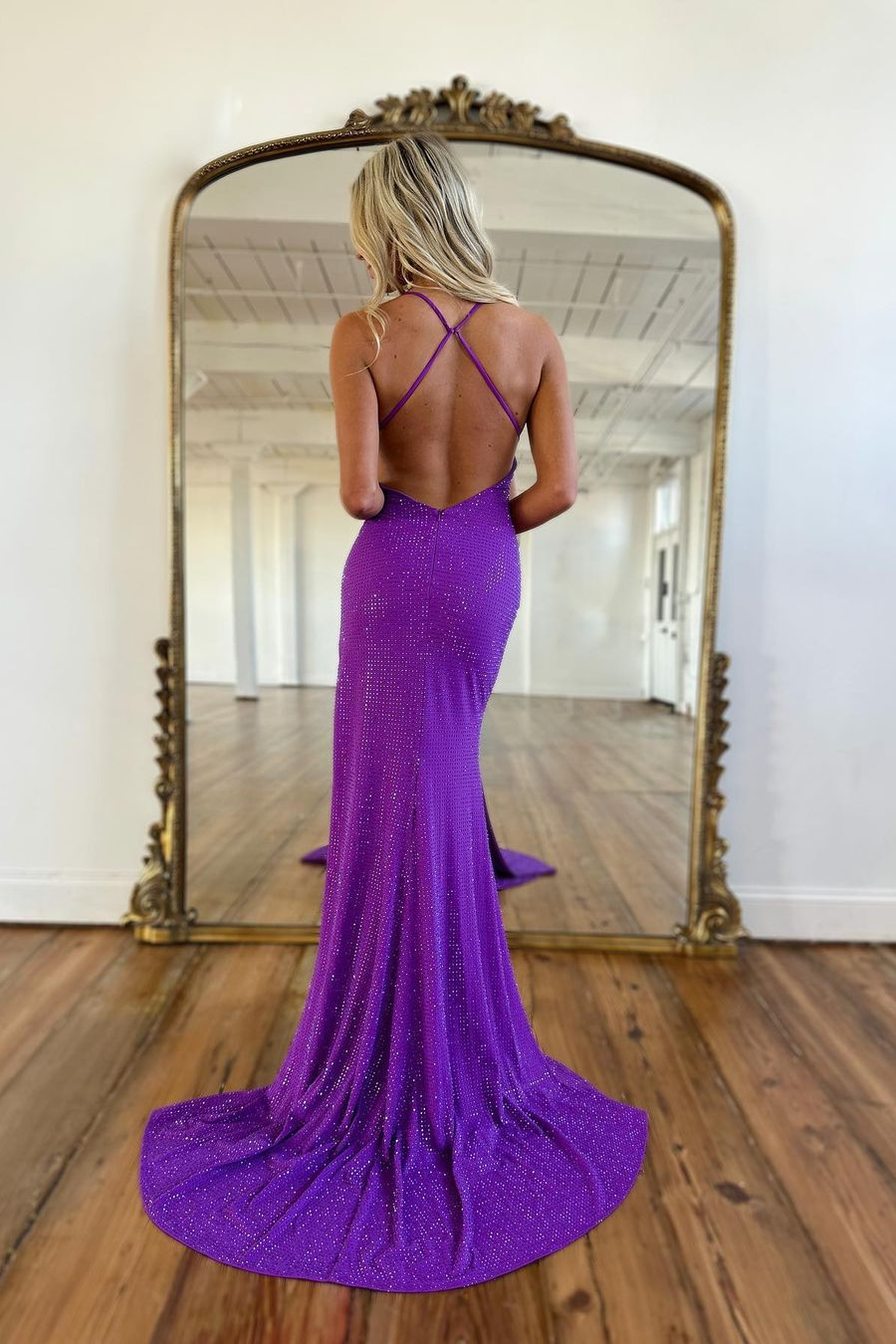 Sequins Prom Dress Purple Sleeveless Backless Split Long BM bride