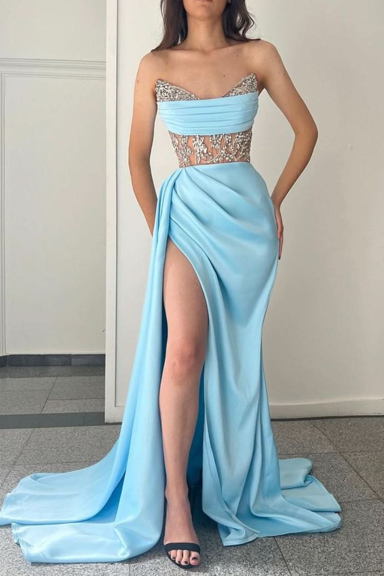 Gorgeous Sky Blue Strapless Mermaid Prom Dress with Beadings Split BM bride