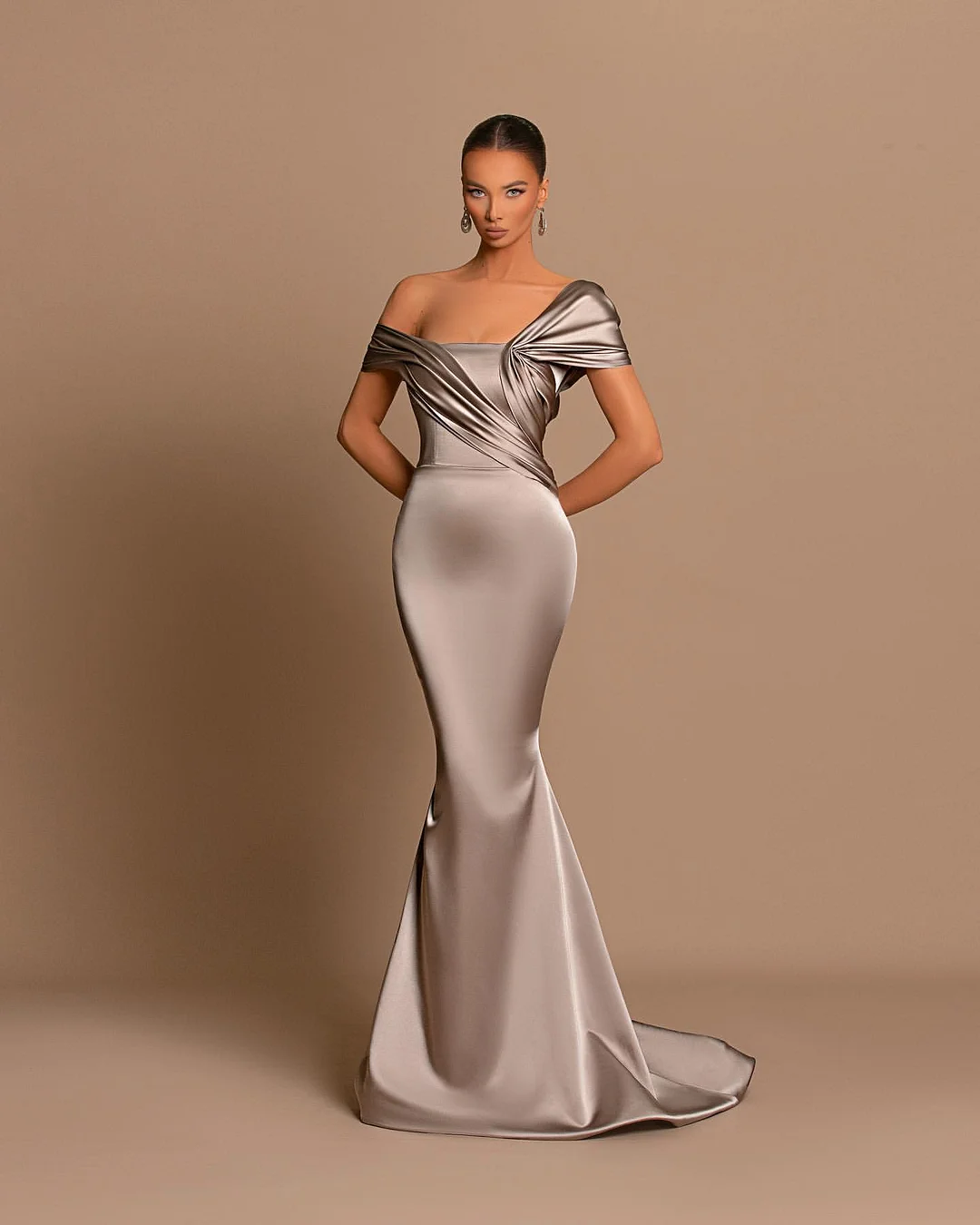 Grey Off-The-Shoulder Bateau Pleated Ball Gown Evening Dress BM bride